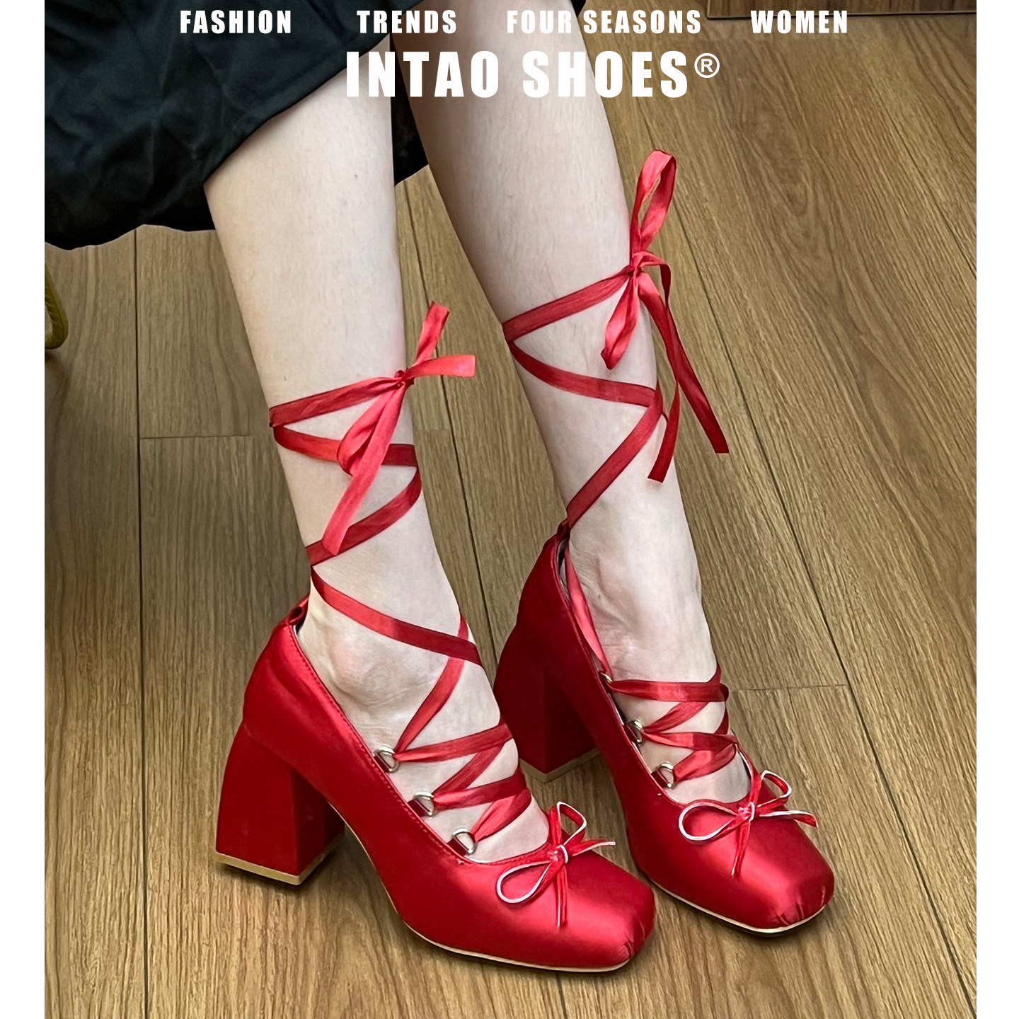 红色小个子玛丽珍高跟鞋女粗跟2026新款法式芭蕾鞋Lolita绑带单鞋