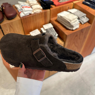 复古真皮勃肯鞋厚底女一脚蹬加绒棉拖鞋2025秋冬新款软木博肯单鞋