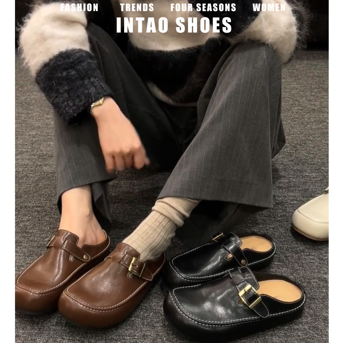 复古真皮厚底包头勃肯鞋半拖女外穿老钱风穆勒鞋一脚蹬休闲博肯鞋