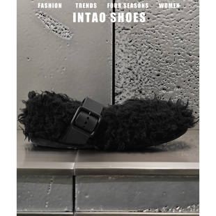 设计感小众黑色毛毛芭蕾鞋女冬外穿2025一脚蹬加绒平底玛丽珍单鞋