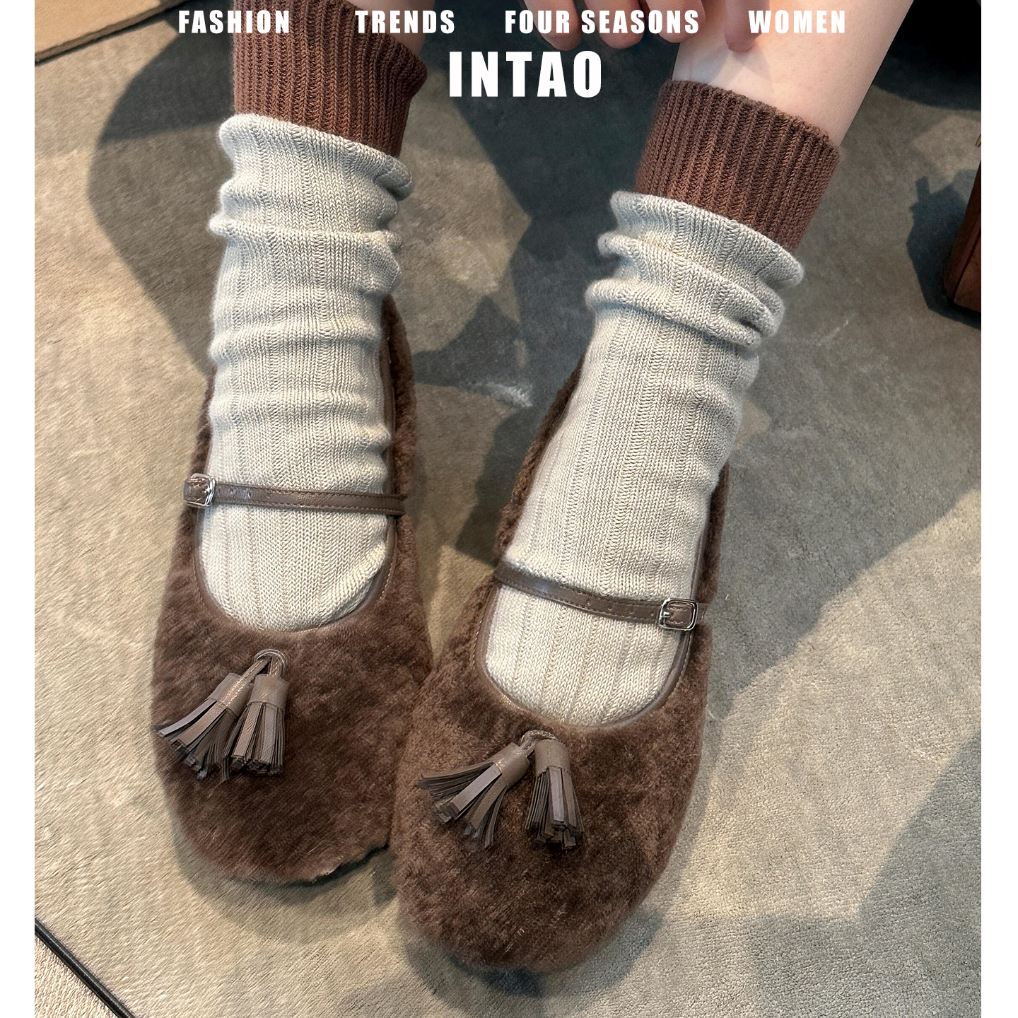 法式流苏玛丽珍鞋内增高豆豆毛毛鞋女秋冬加绒一字带单鞋2025新款