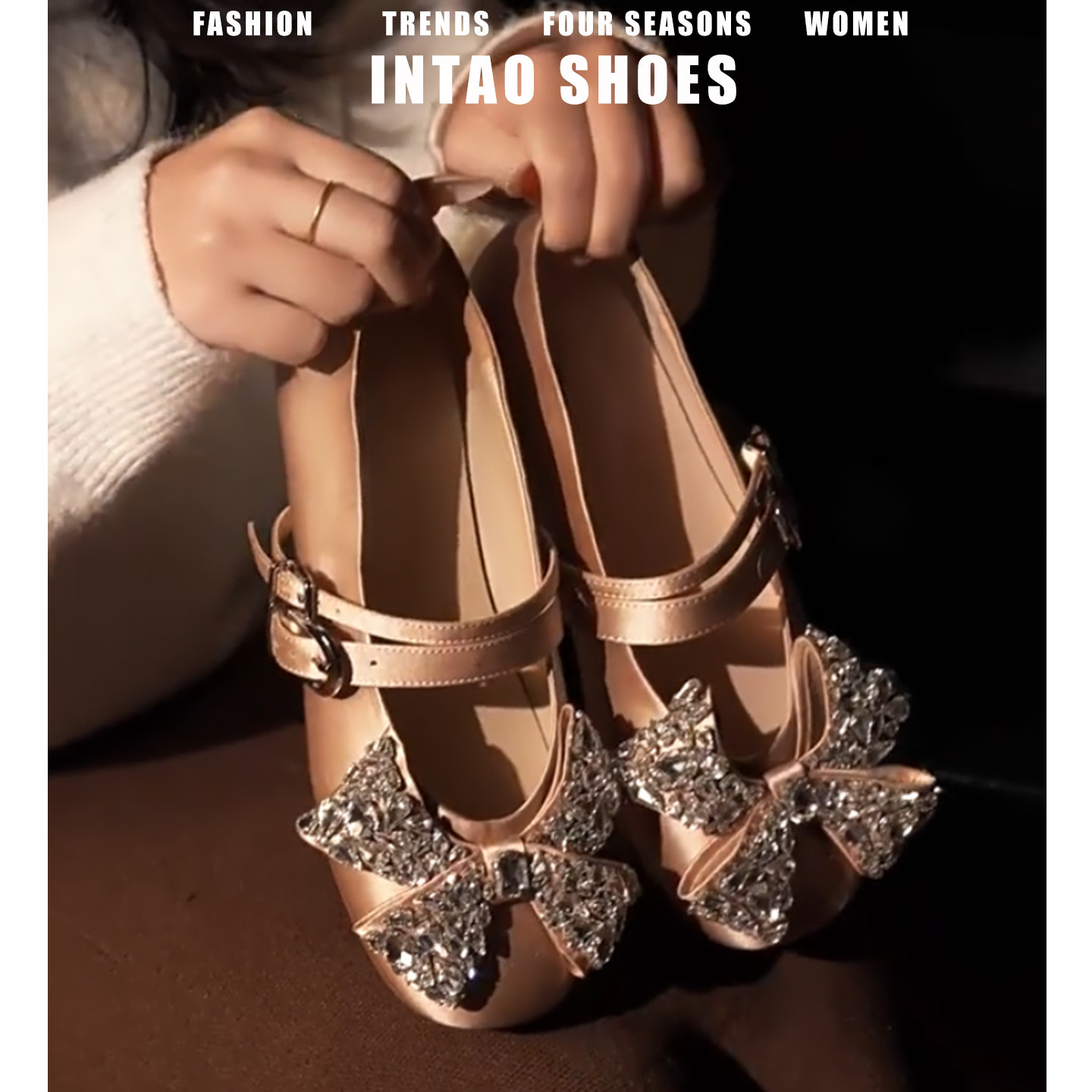 法式高级感蝴蝶结玛丽珍鞋女2026春季新款一字带温柔水钻单鞋平底,女鞋,浅口单鞋,淘宝优惠券,粉丝福利购,淘宝优惠卷