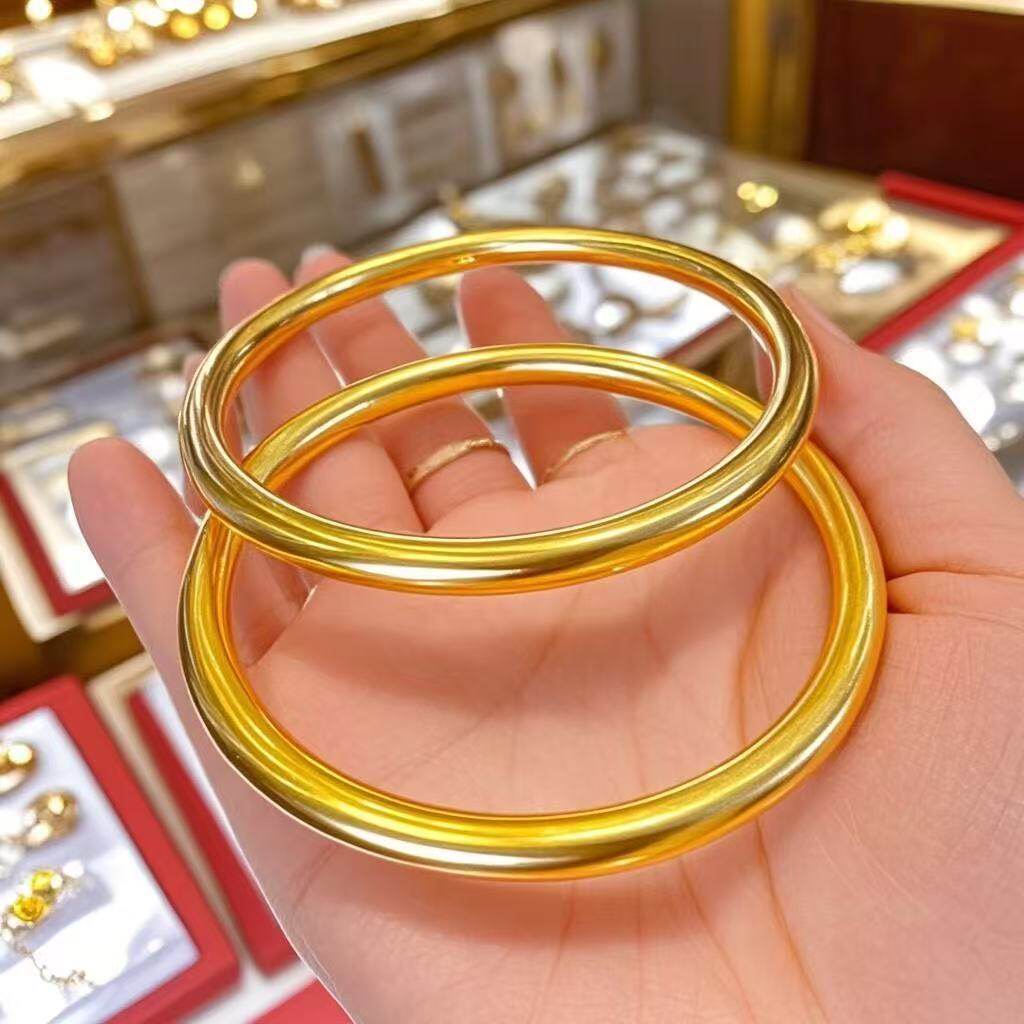 金饰品古法传承手镯不掉色翡翠金镯子简约实心素圈手环光面手饰