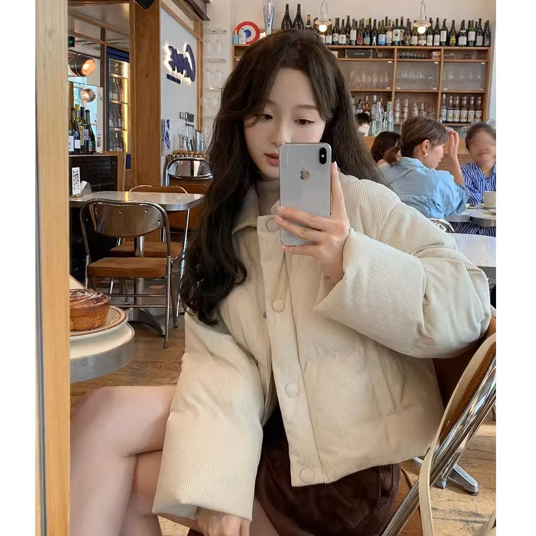 学院风休闲韩版简约时尚翻领灯芯绒羽绒服棉服女装小个子棉衣外套