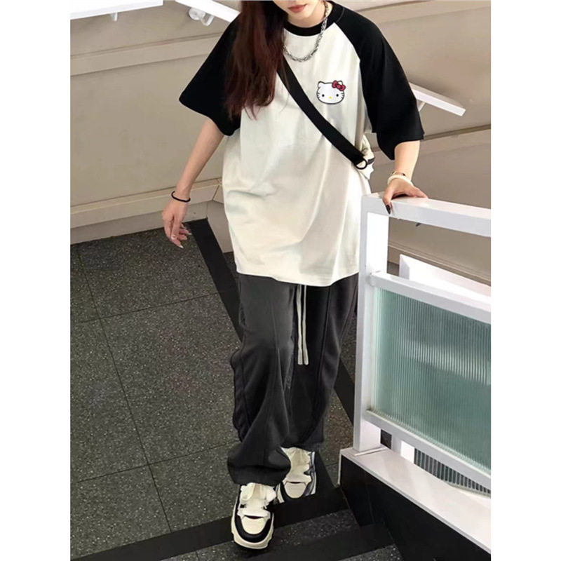HelloKitty200斤纯棉插肩短袖t恤闺蜜装夏季女大学生宽松显瘦