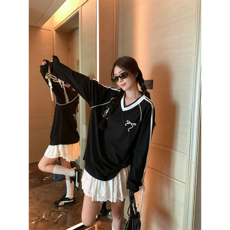 美式v领系带长袖t恤女早秋运动风球衣百搭宽松休闲oversize上衣