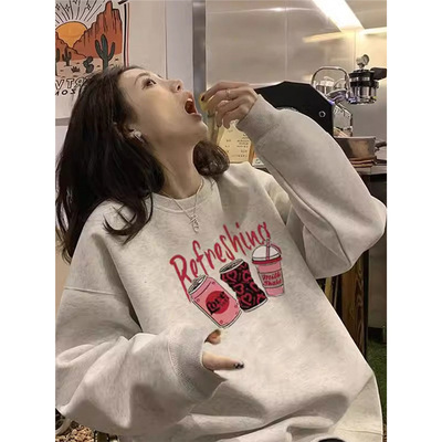 灰色无帽圆领卫衣女2024秋季新款宽松休闲加绒加厚小个子套头上衣