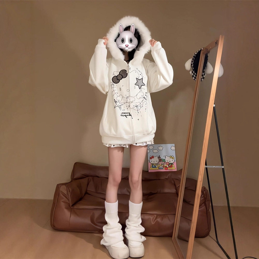 毛领kitty猫卫衣女秋季设计感小众甜美软妹宽松休闲新款连帽外套A