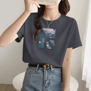 100%纯棉短袖 上衣 t恤女夏季 宽松显瘦百搭小众设计高级感正肩女装