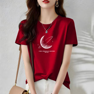 t恤女套头正肩纯棉休闲打底衫 专柜商场外贸高档流行时尚 印花短袖