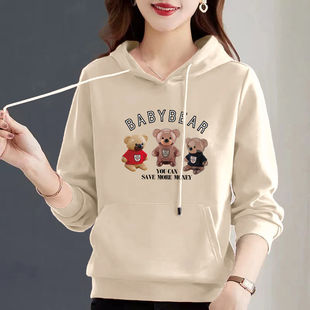 纯棉长袖 小众设计感流行小熊印花外套上衣 连帽套头卫衣女春秋新款