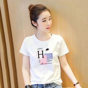 清仓外贸 宽松百搭女士上衣体恤 品牌女装 正肩休闲印花纯棉T恤短袖