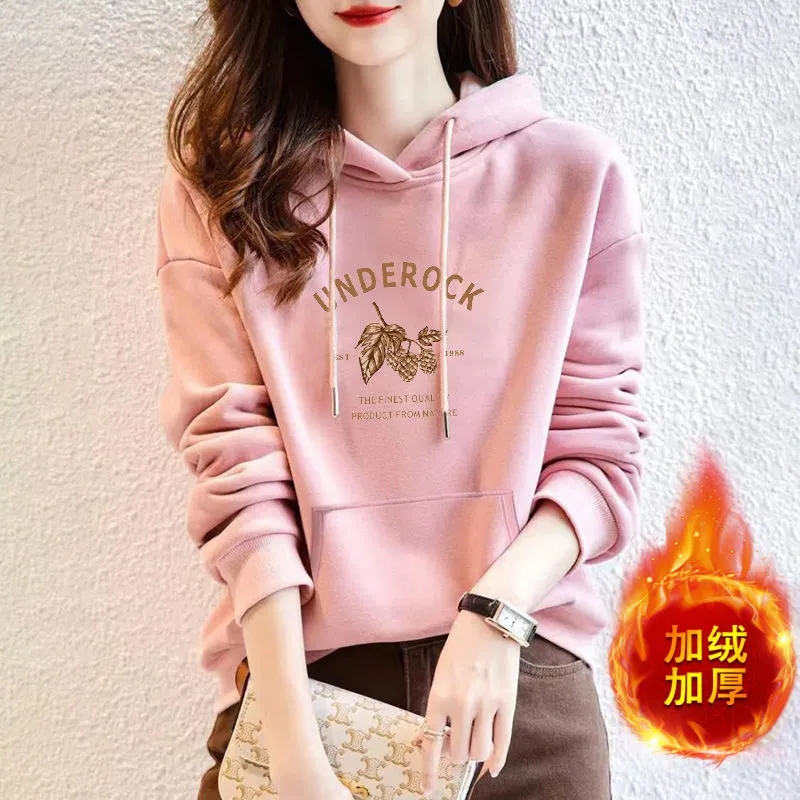 大牌加绒纯棉连帽印花宽松卫衣女