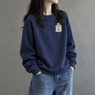 高端即墨洋气藏蓝卫衣女秋冬新款加厚流行爆款加绒宽松纯棉外套潮