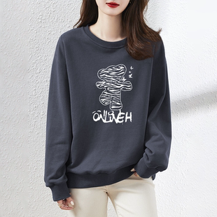 加絨加厚上衣服 專柜品牌外單純棉圓領衛衣女拼接小熊印花寬松時尚