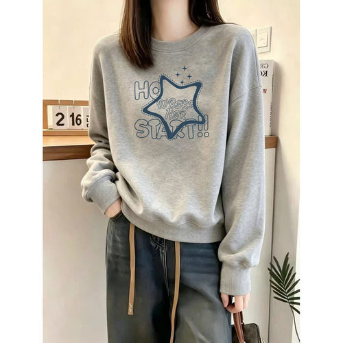 高端即墨秋冬圆领加厚内搭纯棉卫衣女新款欧货保暖印花宽松上衣服