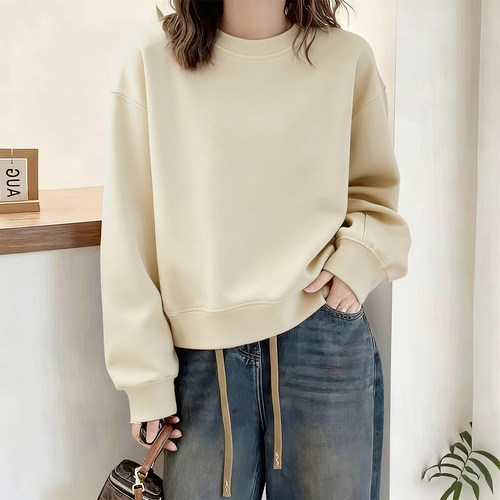 高端品牌即墨纯棉卫衣女秋冬韩系慵懒风宽松加绒加厚内搭打底衫女