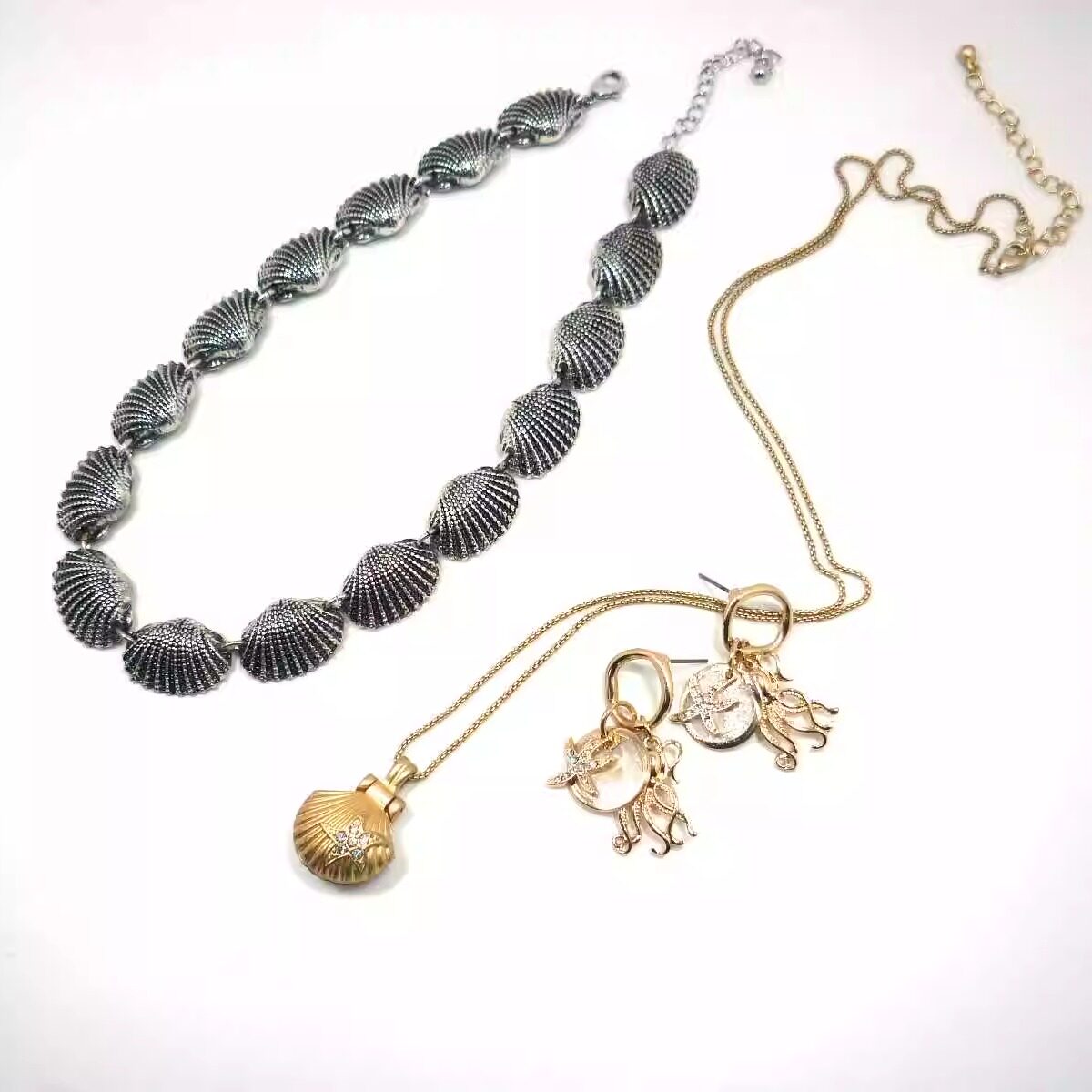 欧美外贸复古项链海洋系列扇贝贝壳海星水母水钻珍珠天然母贝度假