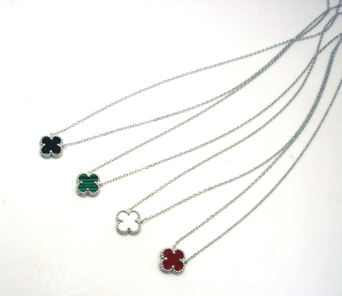 小号四叶草项链潮女纯银s925通体银红玛瑙孔雀石白贝母短款41.5cm