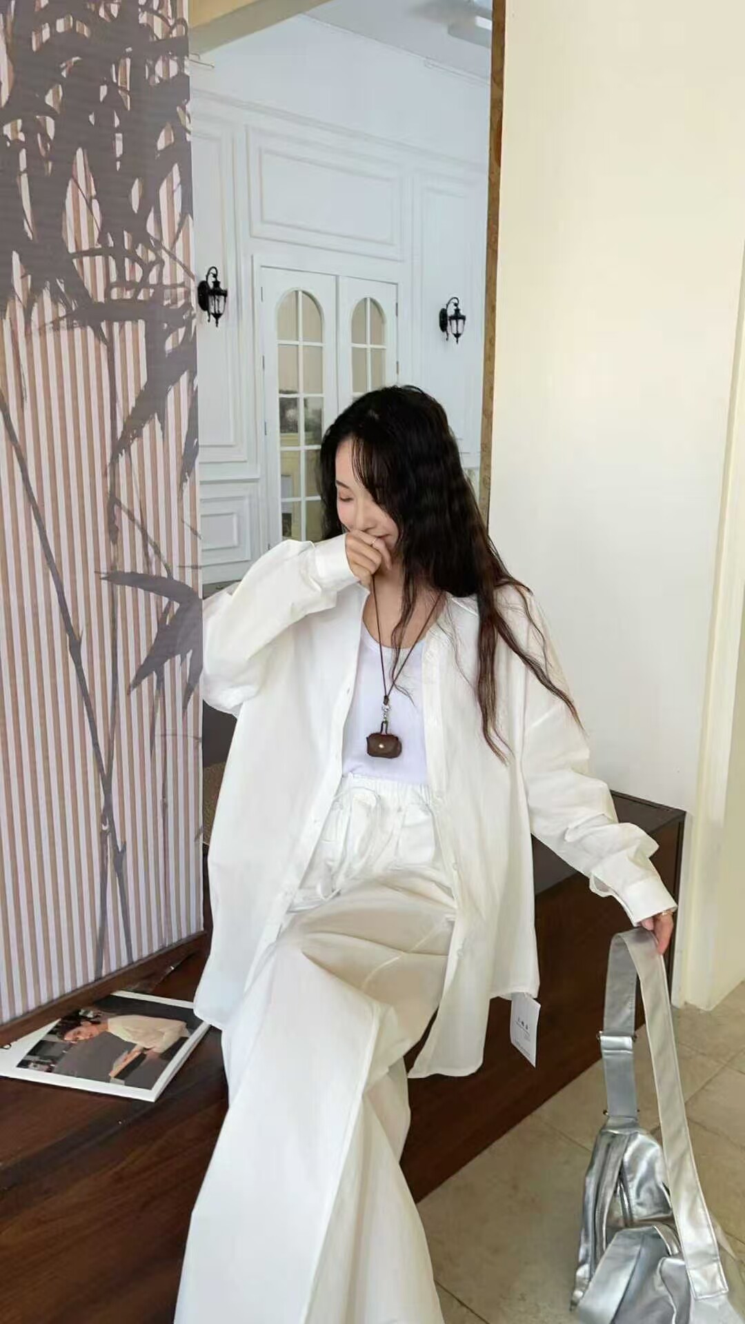 韩系松弛感白色衬衫套装女夏季设计感小众宽松休闲阔腿裤两件套