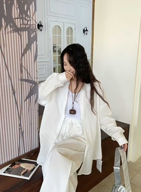 韩系松弛感白色衬衫套装女夏季设计感小众宽松休闲阔腿裤两件套