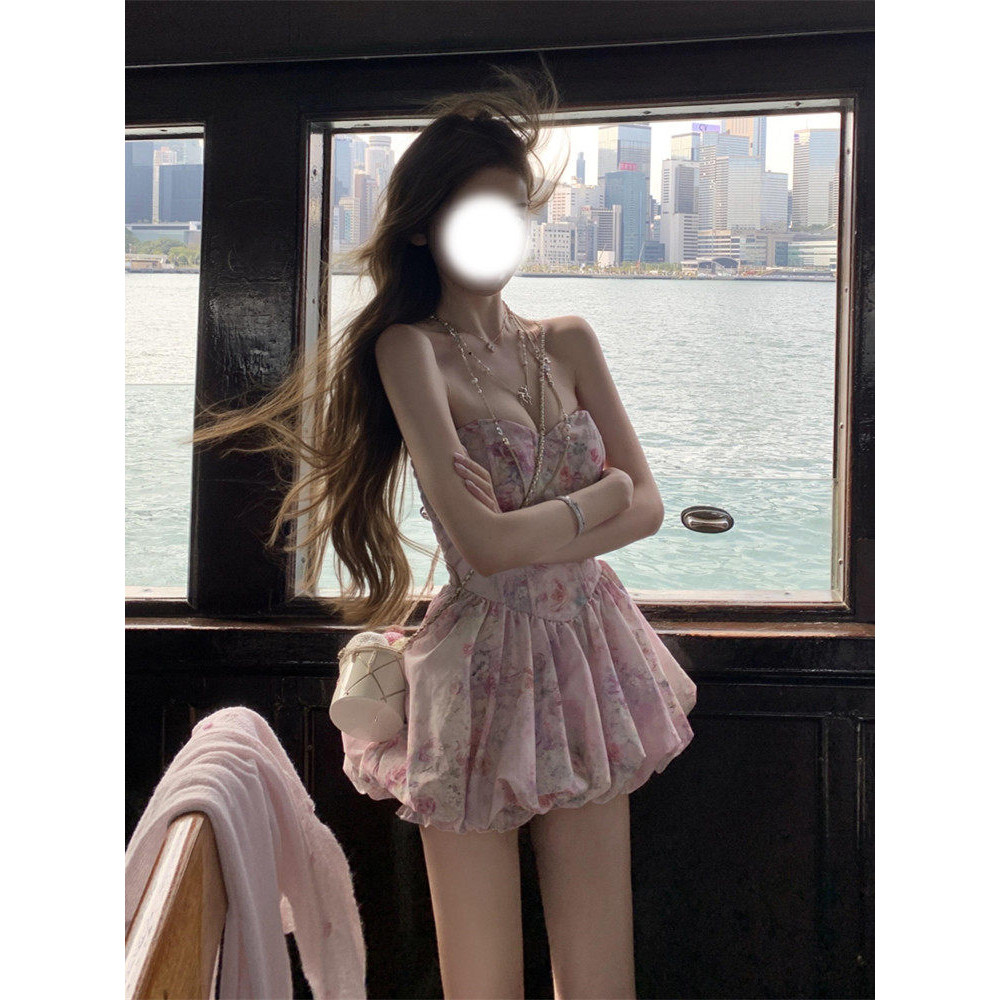 法式复古碎花抹胸短裤两件套