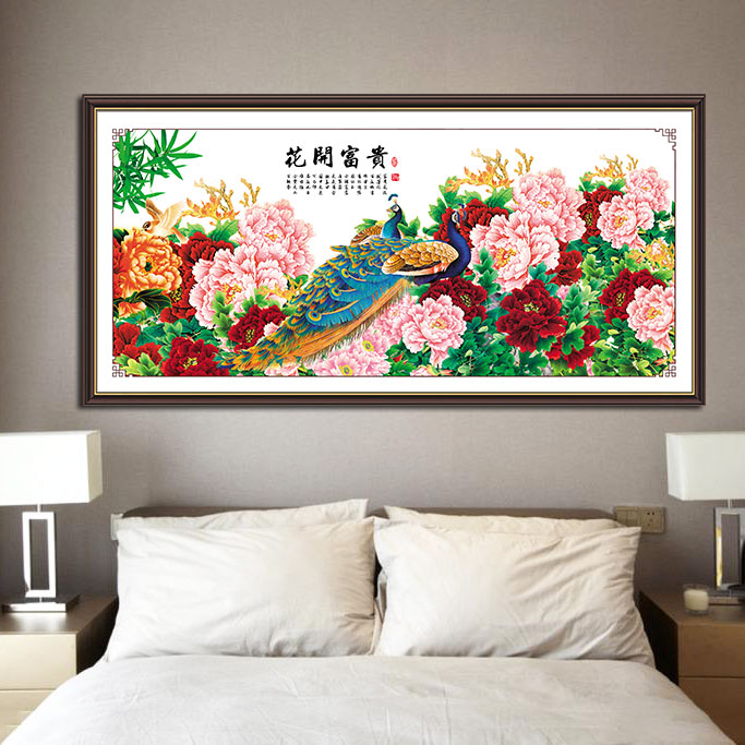 装饰画牡丹花画报花开富贵孔雀牡丹图床头墙贴自粘壁画相框画心图片
