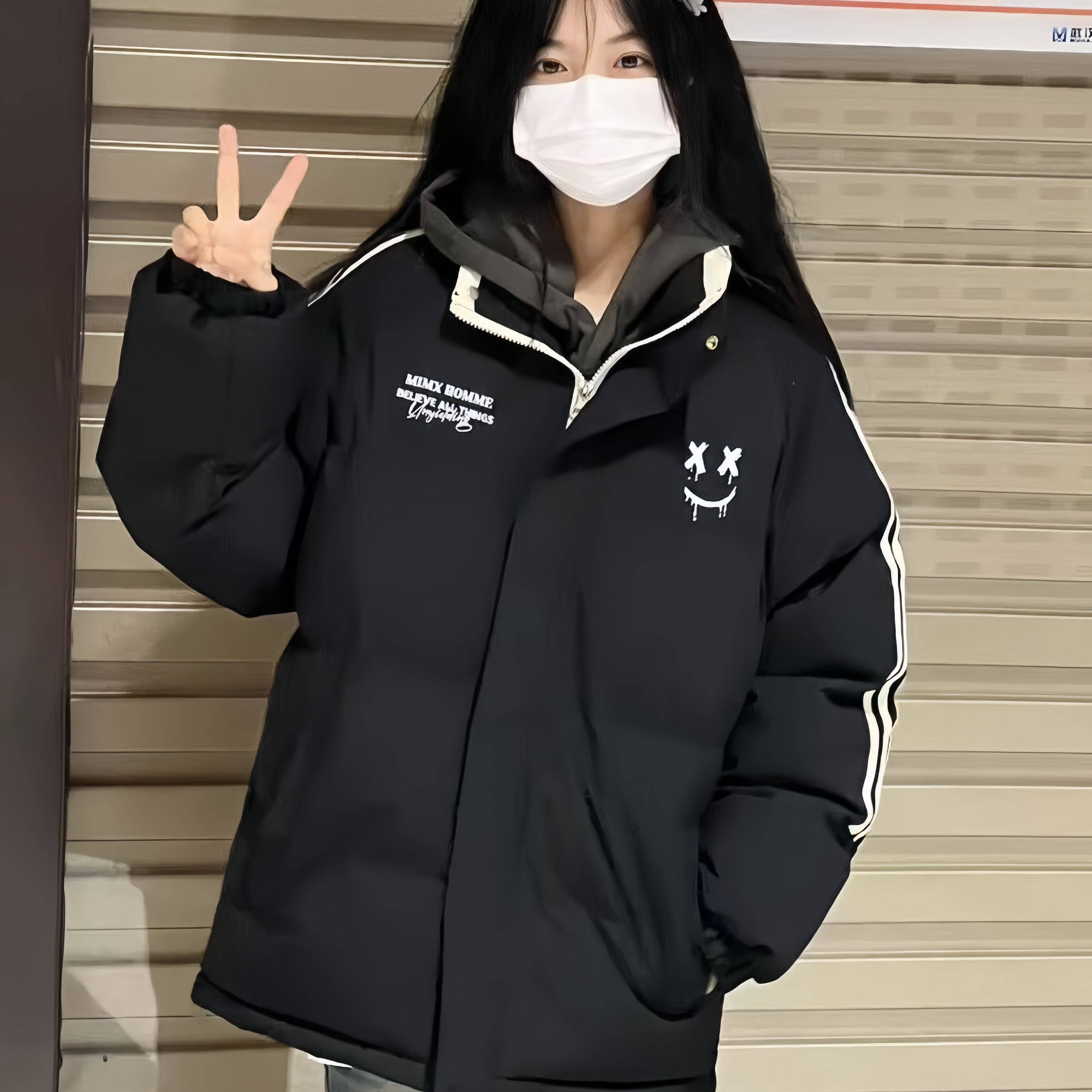 黑色美式三条杠羽绒棉服女大童冬季初中高中学生加厚保暖外套棉袄