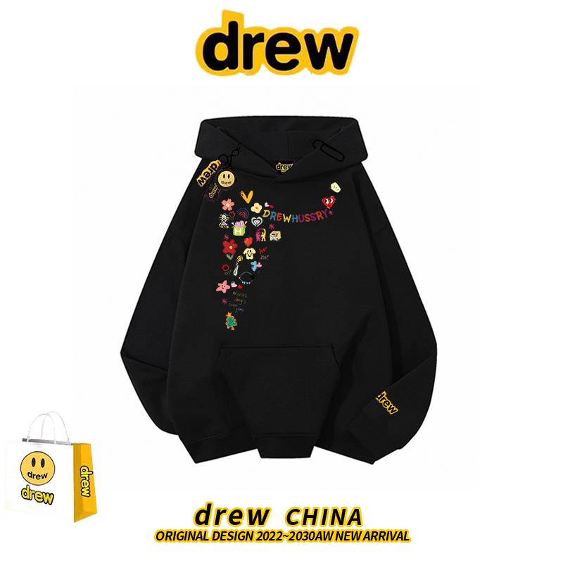 drew美式潮牌卡通涂鸦印花连帽加绒卫衣男女情侣宽松纯棉高街帽衫