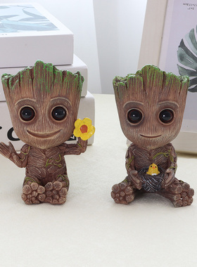 格鲁特小树人摆件治愈groot玩偶盆栽园艺造景车载装饰品纸条罐子