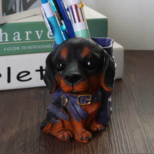 腊肠犬小狗笔筒仿真黑狗幼犬树脂工艺品家居书房间装饰品生肖礼品