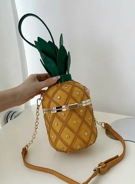 个性菠萝造型包包 小清新文艺ins单肩斜挎铆钉链条圆筒包