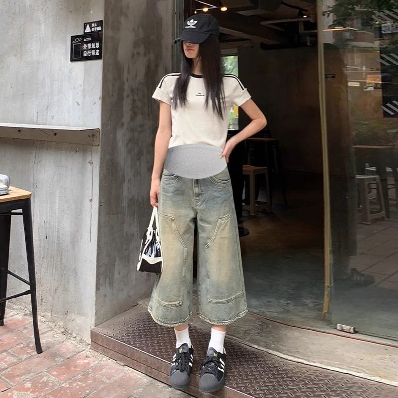 八分孕妇牛仔裤夏季2025新款时尚外穿宽松显瘦七分阔腿裤子打底裤