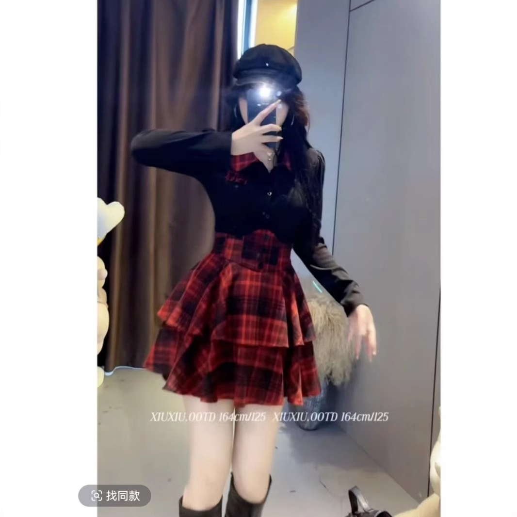 大码胖MM纯欲风jk制服套装女秋冬收腰蓬蓬短裙显瘦衬衫上衣