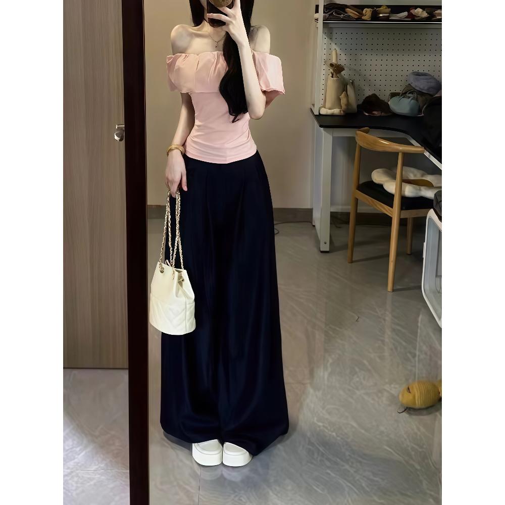 套装女2025夏季新款纯欲风一字肩荷叶边上衣高腰阔腿牛仔裤两件套