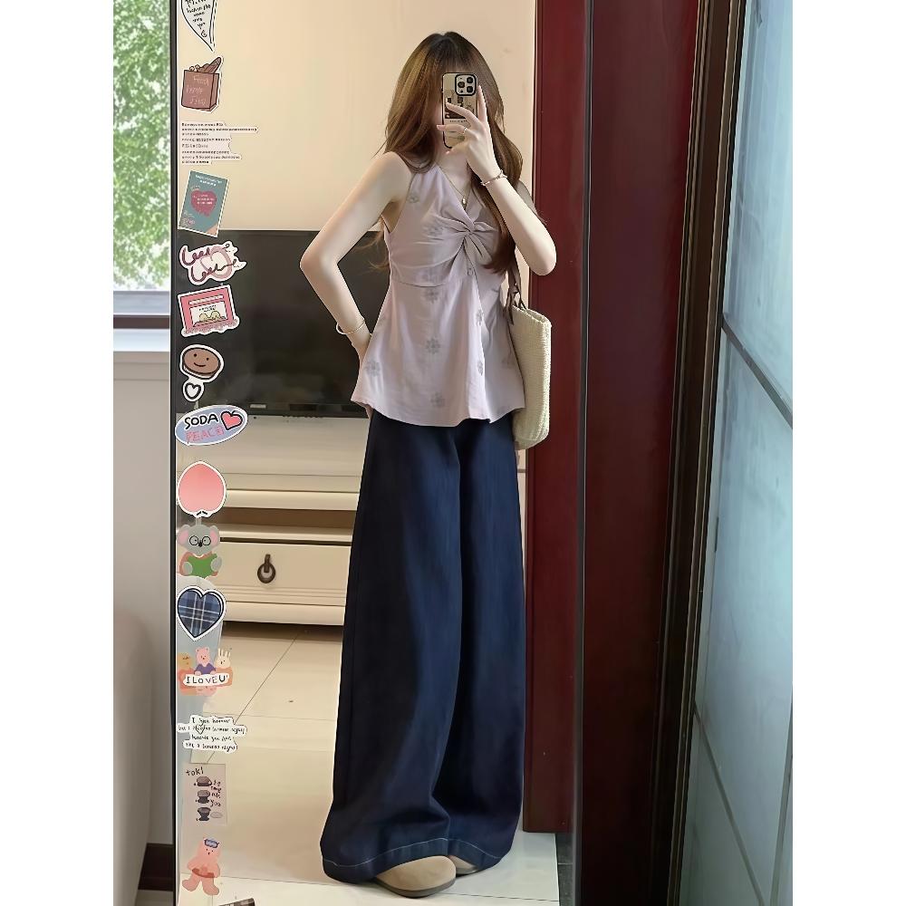 韩系穿搭一整套夏日高级感温柔风挂脖无袖背心上衣阔腿裤两件套装