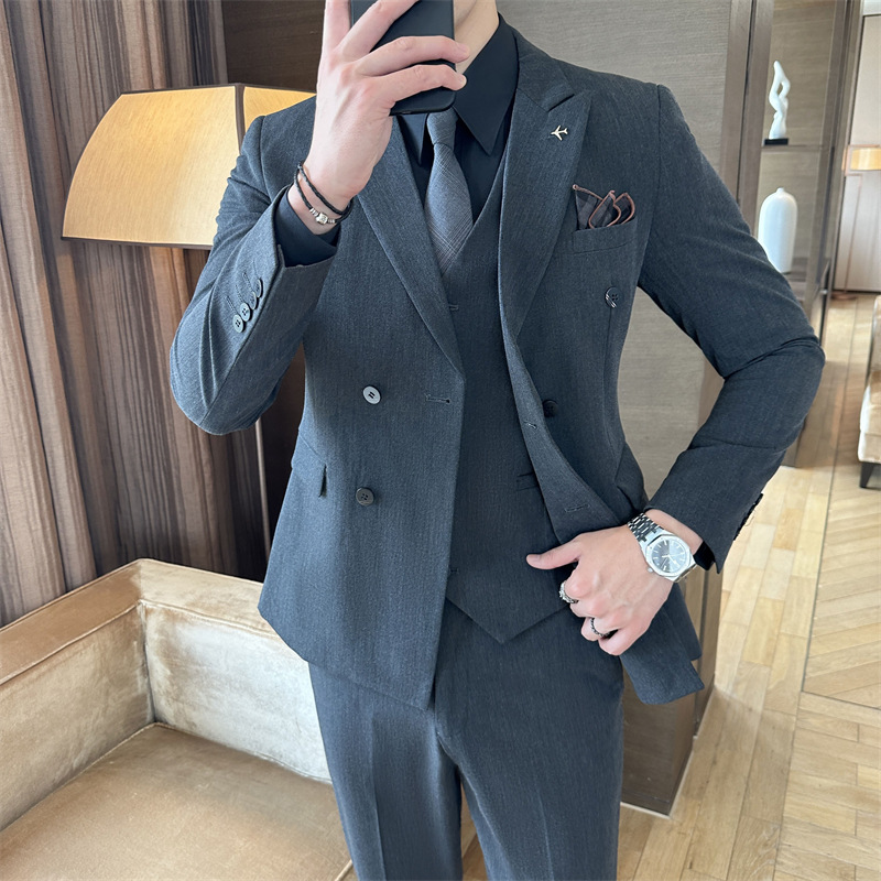 西装男士套装商务正装高级感黑色双排扣结婚西服套装男装秋冬新款