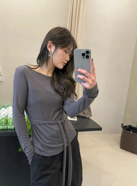 韩代时髦设计感绑带长袖T恤女2025春装新款时尚百搭显瘦打底上衣