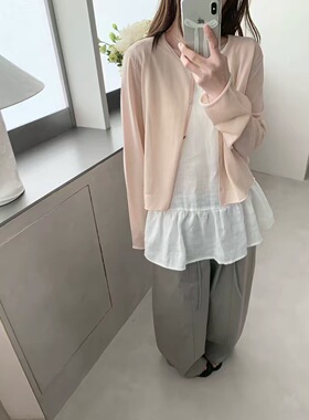 韩系亚麻针织圆领防晒开衫女2026新款温柔风软糯亲肤排扣小衫上衣