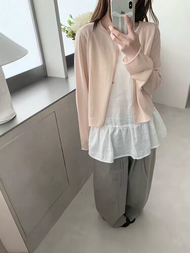 awear韩系亚麻针织圆领防晒开衫女温柔风软糯亲肤排扣小衫上衣夏