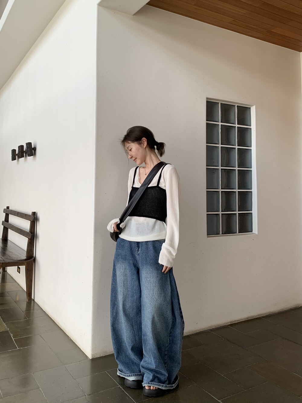 FOCUSE韩代时髦侧压褶休闲阔腿裤女2025秋装时尚显瘦直筒牛仔裤女