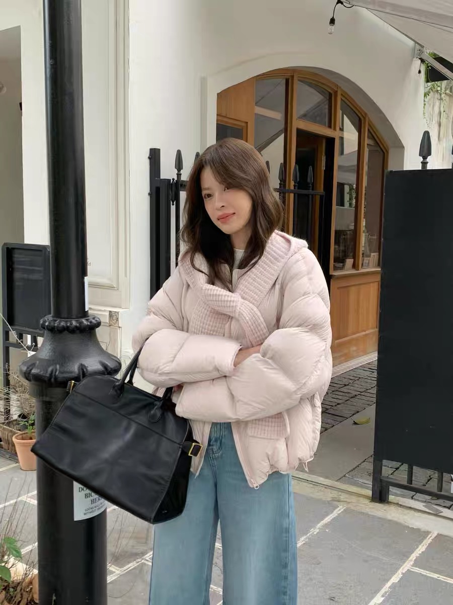 MOGE韩系配针织连帽披肩短款羽绒服女冬装加厚90白鸭绒保暖外套