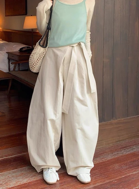 韩代时髦设计感侧腰带镰刀休闲裤女2025新款高腰系带显瘦灯笼裤女