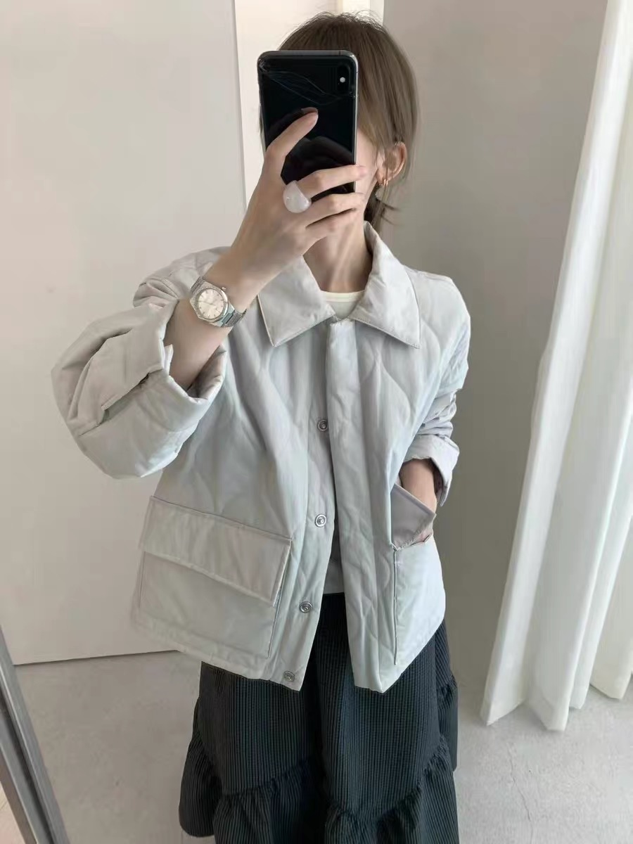 韩系翻领大口袋棉服女秋冬2025新款宽松葫芦纹菱格轻薄棉衣外套女