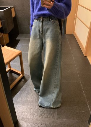 TABLE9237 韩版高腰百搭显瘦阔腿裤女2025新款时尚复古磨毛牛仔裤