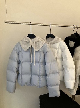 ENJOYABLE韩系圆领方格泡芙针织连帽羽绒服女90白鸭绒保暖外套冬