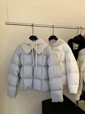 ENJOYABLE韩系圆领方格泡芙针织连帽羽绒服女90白鸭绒保暖外套冬