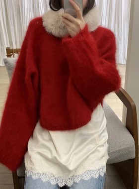 韩系ins氛围感红色毛衣女2025冬装宽松慵懒风软糯针织衫上衣女