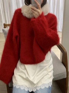 韩系ins氛围感红色毛衣女2025冬装宽松慵懒风软糯针织衫上衣女