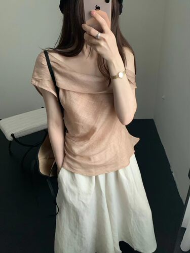 韩代时髦斜肩苎麻小衫女2026夏季新款小众别致绝美超好看露肩上衣